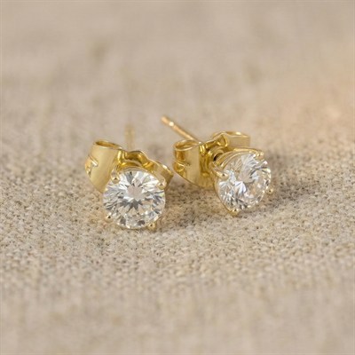 Yuvarlak Kesim Zirkon Tektaş Küpe - 14k Altın Kaplama - 6 mm
