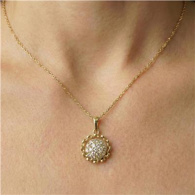 Zirkon Çerçeveli Madalyon Kolye - 14K Altın Kaplama - 45 cm