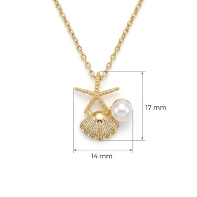 Zirkon Taşlı Denizkabuğu ve Denizyıldızı Figürlü İncili Çelik Kolye Ucu  - Altın Rengi Kaplama - 14 x 17 mm - (40+5 cm Çelik Zincir Hediyeli)