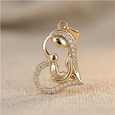 Zirkon Taşlı Kalp İçinde Anne Çocuk Kolye Ucu - 14K Altın Kaplama - 3 cm - 17 mm