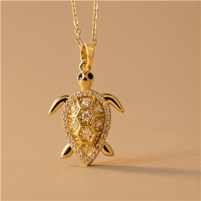 Zirkon Taşlı Kaplumbağa Kolye Ucu - 14k Altın Kaplama - 18x27 mm (45 cm Çelik Zincir Hediyeli)