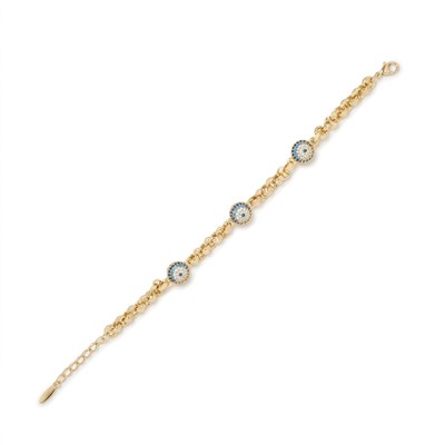 Zirkon Taşlı Nazar Boncuklu Oval Zincir Bileklik  - 14k Altın Kaplama - 19+3 cm