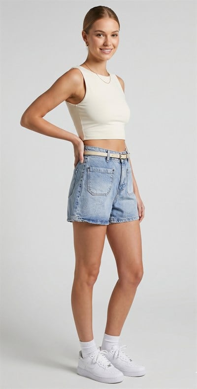 OLIVE-2613 KEMERLİ KOT ŞORT MAVİ