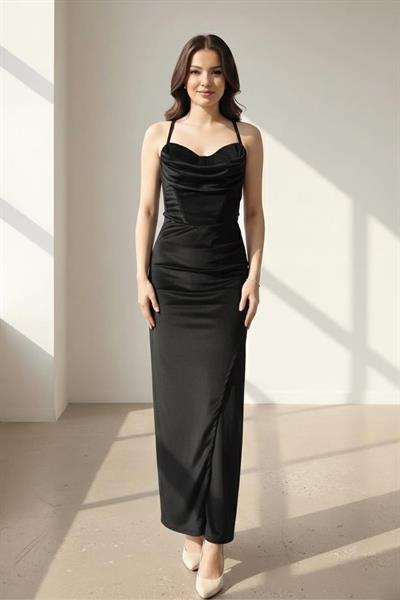 Askılı Drapeli Uzun Abiye Elbise M10306 Siyah