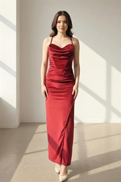 Askılı Drapeli Uzun Abiye Elbise M10306 MÜRDÜM