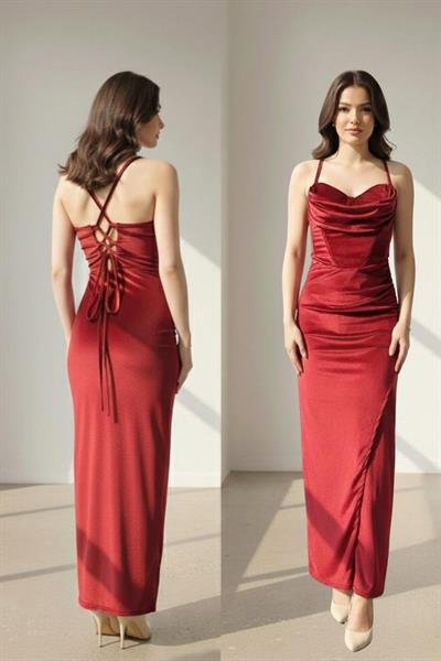 Askılı Drapeli Uzun Abiye Elbise M10306 MÜRDÜM