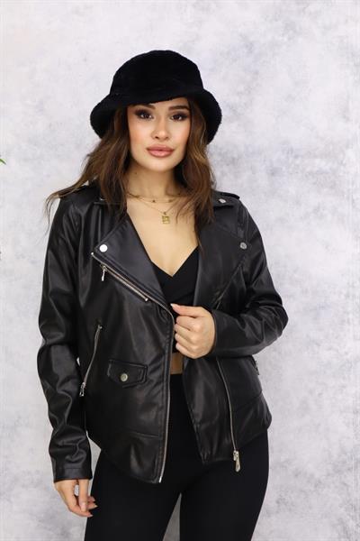 Fermuarlı Deri Ceket M4750 Siyah