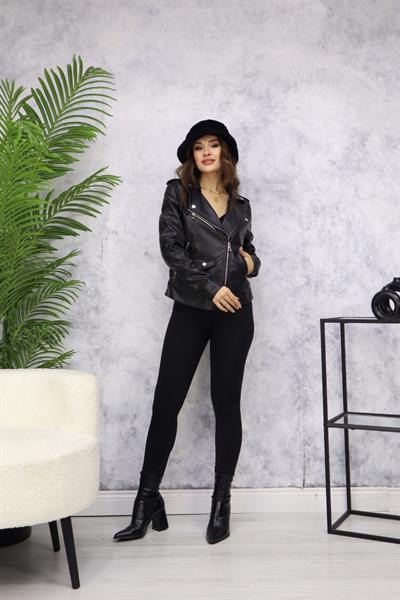 Fermuarlı Deri Ceket M4750 Siyah