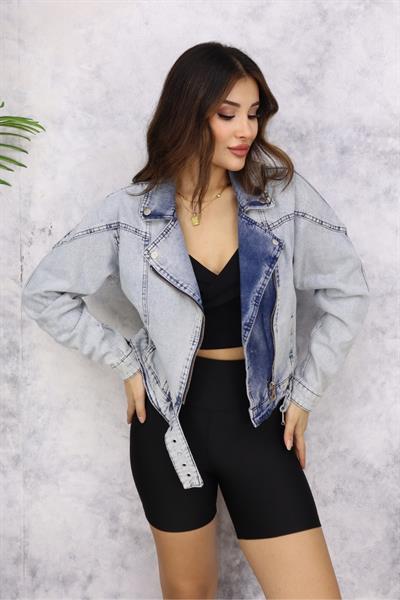 Kadın Açık Mavi Kemer Detaylı Jean Ceket M4484 Kar Yıkama
