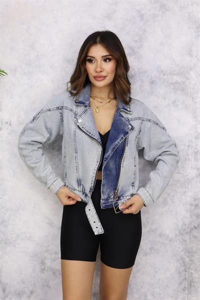 Kadın Açık Mavi Kemer Detaylı Jean Ceket M4484 Kar Yıkama