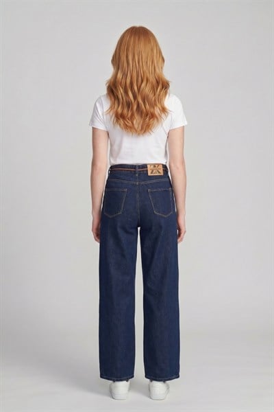 Kadın Bağcık Detaylı Wide Leg Jean Pantolon M5288-1 Lacivert