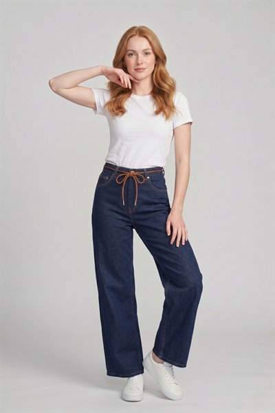 Kadın Bağcık Detaylı Wide Leg Jean Pantolon M5288-1 Lacivert