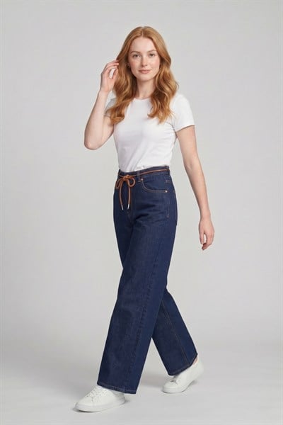 Kadın Bağcık Detaylı Wide Leg Jean Pantolon M5288-1 Lacivert