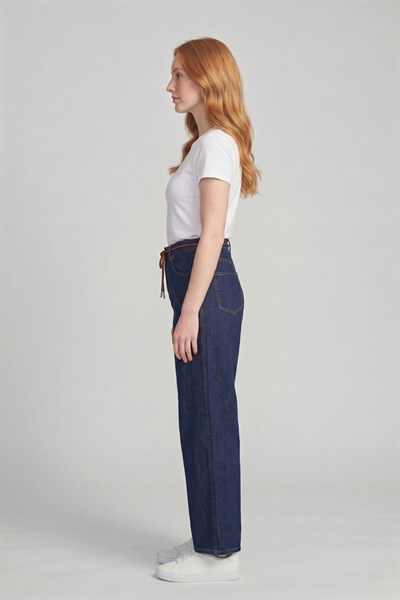 Kadın Bağcık Detaylı Wide Leg Jean Pantolon M5288-1 Lacivert