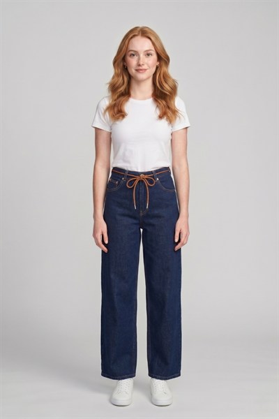 Kadın Bağcık Detaylı Wide Leg Jean Pantolon M5288-1 Lacivert