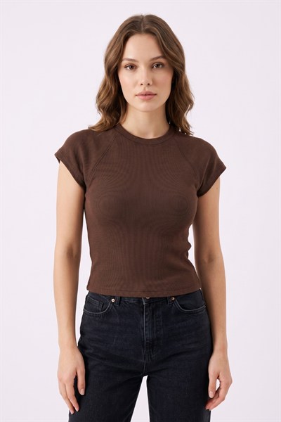 Kadın Basic Kısa Kollu Crop M4283 Kahve