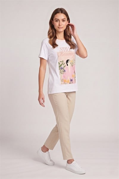 Kadın Baskılı Basic T-shirt M02028 Beyaz