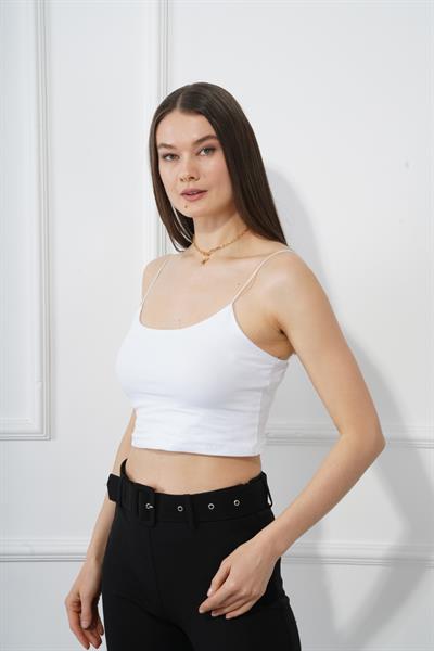 Kadın Beyaz İnce Askılı Crop Badi M203 Beyaz