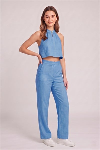 Kadın Crop Bluz Pantolon Takım M2774 Mavi