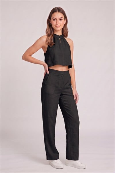 Kadın Crop Bluz Pantolon Takım M2774 Siyah