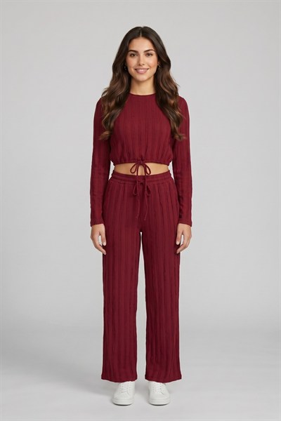 Kadın Crop Üst ve Bol Paça Pantolon Takımı M9315 Bordo
