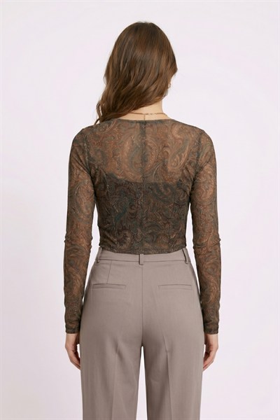 Kadın Desenli Crop Bluz M2557 Kahve