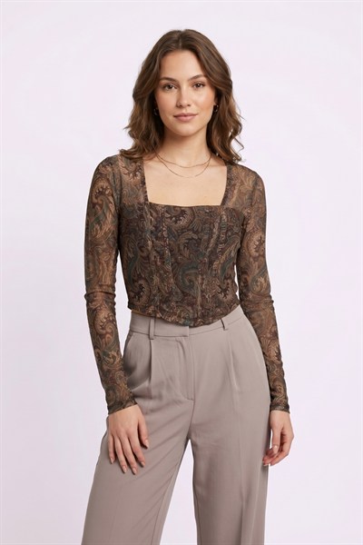 Kadın Desenli Crop Bluz M2557 Kahve