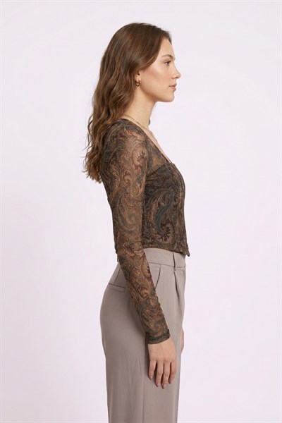 Kadın Desenli Crop Bluz M2557 Kahve