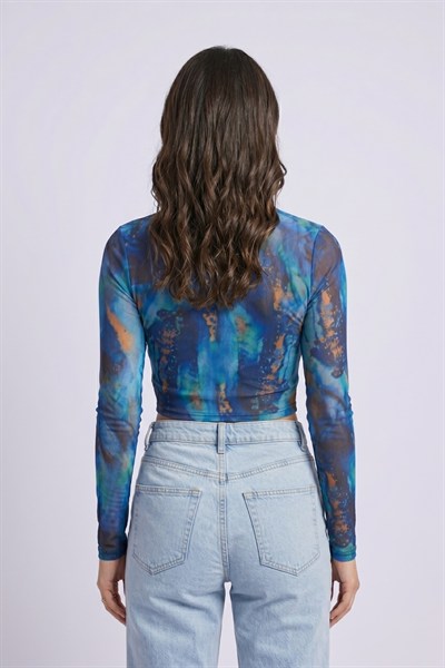 Kadın Desenli Crop Bluz M2557 Mavi