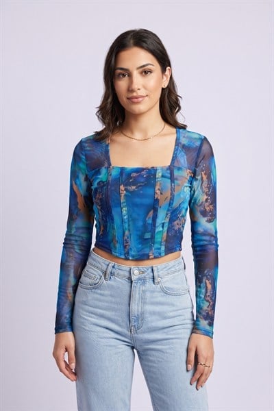 Kadın Desenli Crop Bluz M2557 Mavi