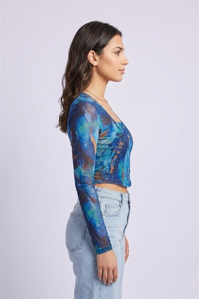 Kadın Desenli Crop Bluz M2557 Mavi