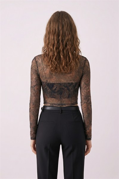 Kadın Desenli Crop Bluz M2557 Siyah