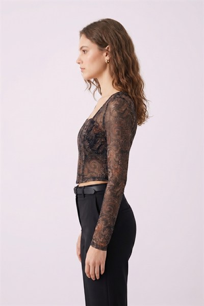 Kadın Desenli Crop Bluz M2557 Siyah