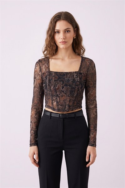 Kadın Desenli Crop Bluz M2557 Siyah