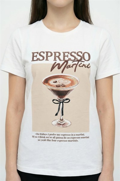 Kadın Espresso Baskılı Basic T-Shirt M1783 Beyaz