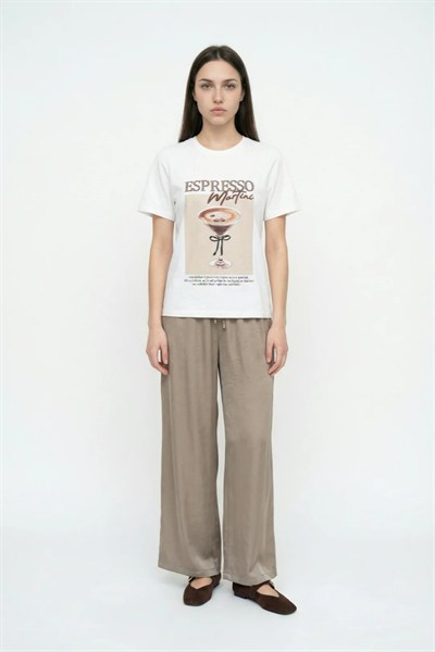 Kadın Espresso Baskılı Basic T-Shirt M1783 Beyaz