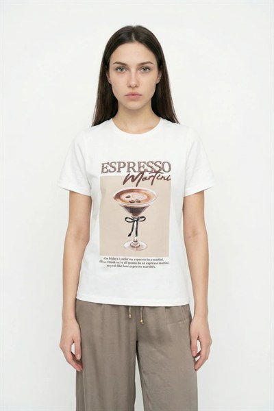 Kadın Espresso Baskılı Basic T-Shirt M1783 Beyaz