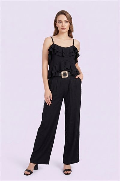 Kadın Fırfır Detaylı Askılı Bluz & Pantolon Takım M15015 Siyah