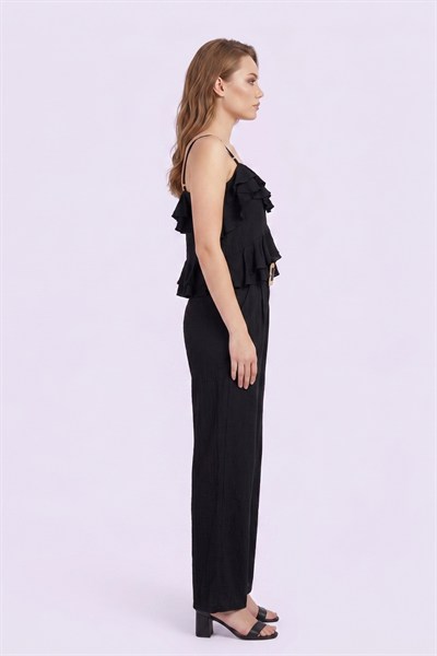 Kadın Fırfır Detaylı Askılı Bluz & Pantolon Takım M15015 Siyah
