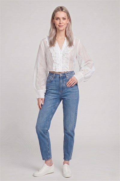 Kadın Fırfır Detaylı Crop Bluz M2814 Beyaz