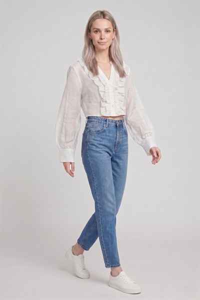 Kadın Fırfır Detaylı Crop Bluz M2814 Beyaz