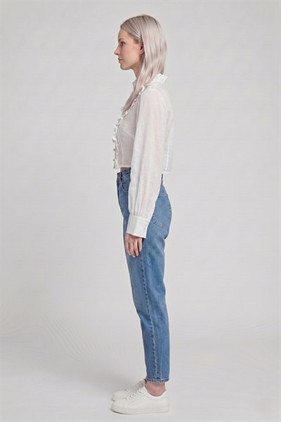 Kadın Fırfır Detaylı Crop Bluz M2814 Beyaz