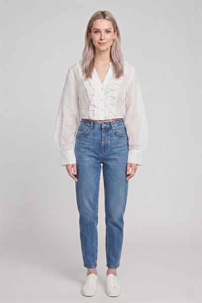 Kadın Fırfır Detaylı Crop Bluz M2814 Beyaz