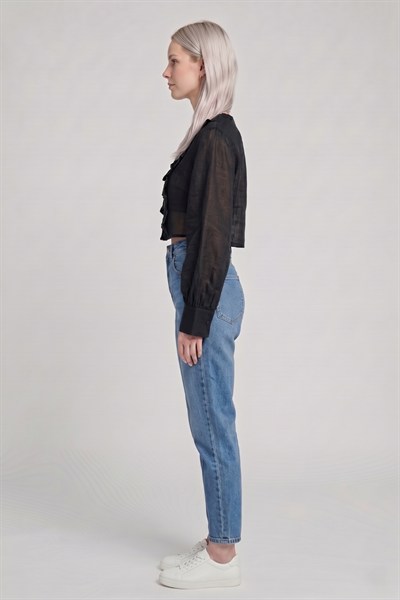 Kadın Fırfır Detaylı Crop Bluz M2814 Siyah