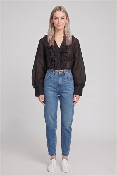 Kadın Fırfır Detaylı Crop Bluz M2814 Siyah