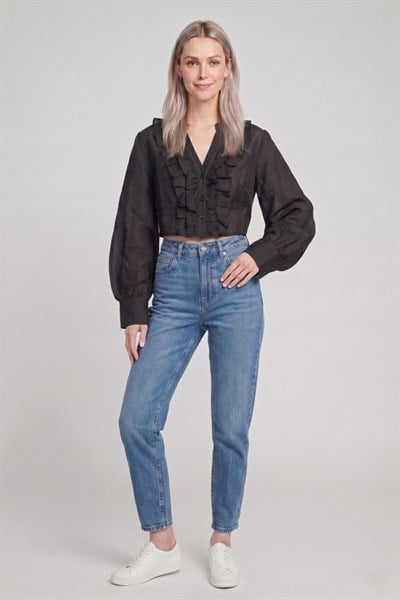 Kadın Fırfır Detaylı Crop Bluz M2814 Siyah