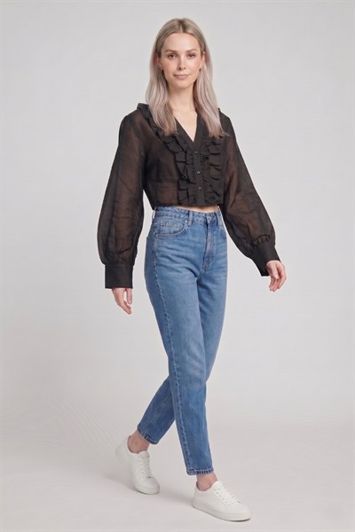 Kadın Fırfır Detaylı Crop Bluz M2814 Siyah