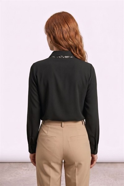 Kadın Fular Detaylı Saten Gömlek M7941 Siyah