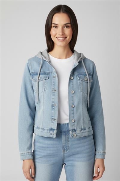 Kadın Kapüşonlu Açık Mavi Kot Ceket M2310 Kar Yıkama