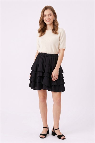 Kadın Kat Kat Volan Detaylı Mini Etek M2244 Siyah